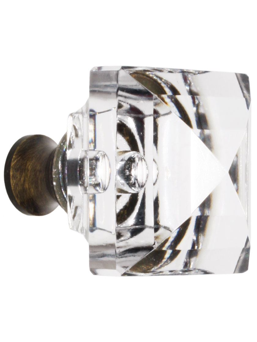 Lead Free German Crystal Square Knob With Solid Brass Base In Antique Brass.
